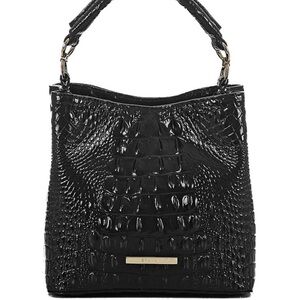 Brahmin Mini Amelia Black Croc Embossed Melbourne Leather Crossbody Bucket Bag